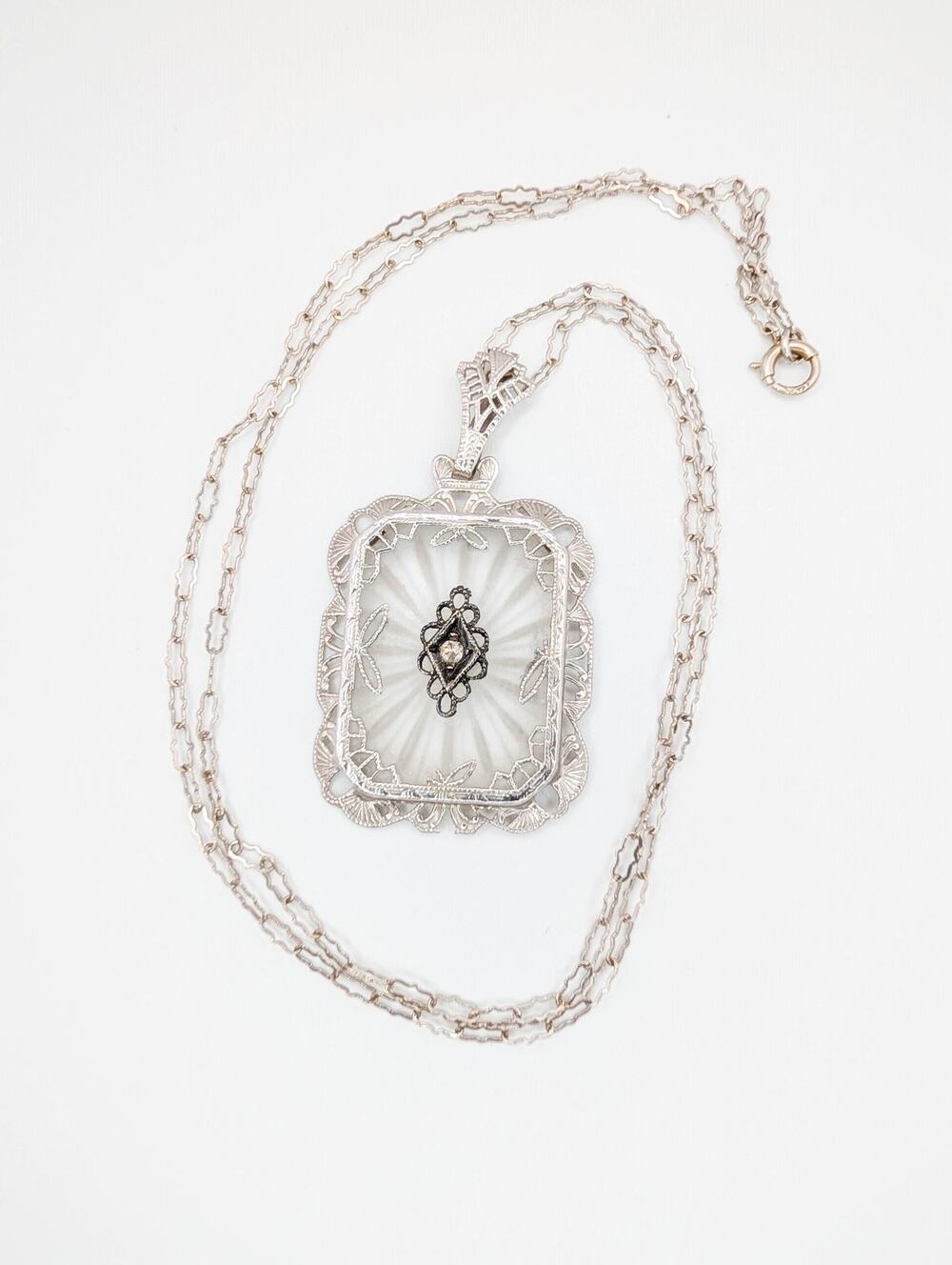 Art Deco 1920s 14K White Gold Camphor Glass Pendant Necklace with Diamond READ